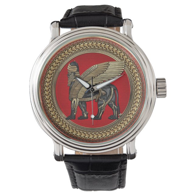 [500] Assyrian Winged Lion: Gold & Black Lamassu Watch (Front)