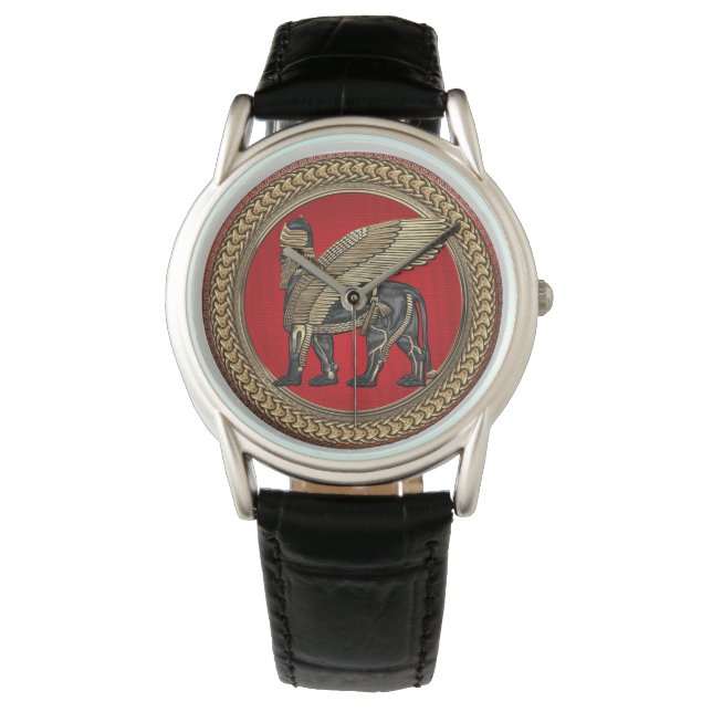 [500] Assyrian Winged Lion: Gold & Black Lamassu Watch (Front)