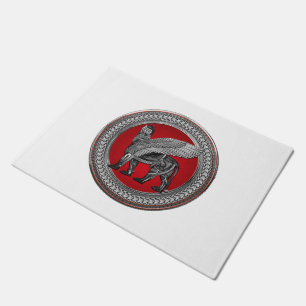 [500] Assyrian Winged Lion: Silver & Black Lamassu Doormat