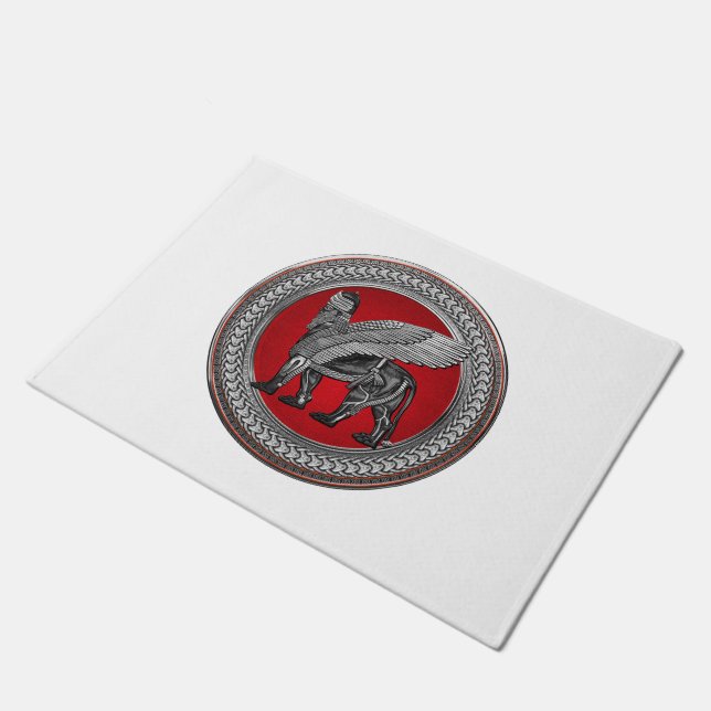[500] Assyrian Winged Lion: Silver & Black Lamassu Doormat (Angled)