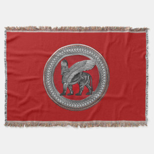 [500] Assyrian Winged Lion: Silver & Black Lamassu Throw Blanket