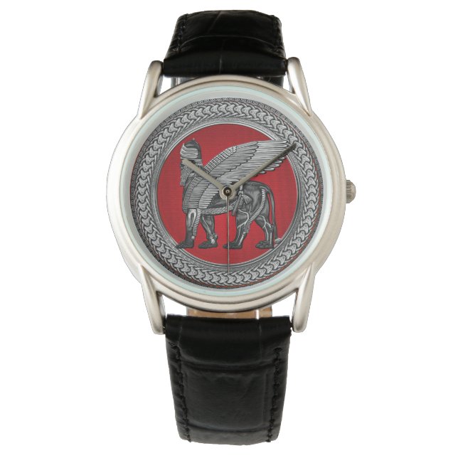 [500] Assyrian Winged Lion: Silver & Black Lamassu Watch (Front)