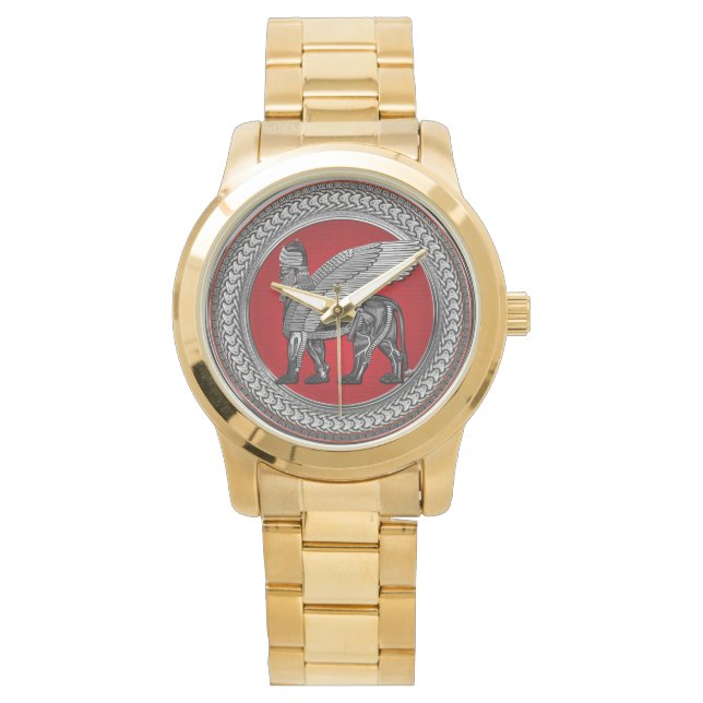 [500] Assyrian Winged Lion: Silver & Black Lamassu Watch (Front)
