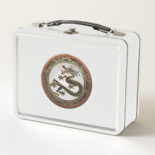 [500] Black and Gold Sacred Eastern Dragon Metal Lunch Box
