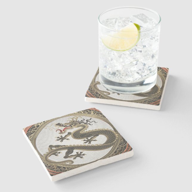 [500] Black and Gold Sacred Eastern Dragon Stone Coaster (Side)