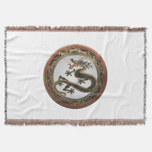 [500] Black and Gold Sacred Eastern Dragon Throw Blanket
