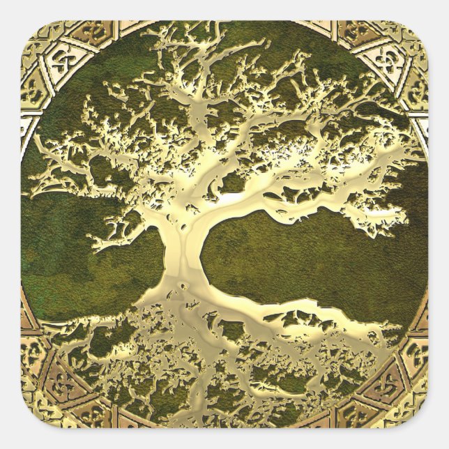[500] Celtic Tree of Life [Gold] Square Sticker (Front)