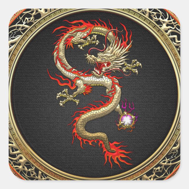[500] Golden Chinese Dragon Fucanglong Square Sticker (Front)