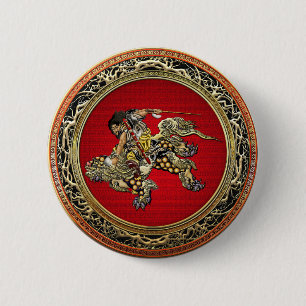 [500] Hokusai - Shoki Riding Shishi Lion 6 Cm Round Badge