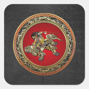 [500] Hokusai - Shoki Riding Shishi Lion Square Sticker
