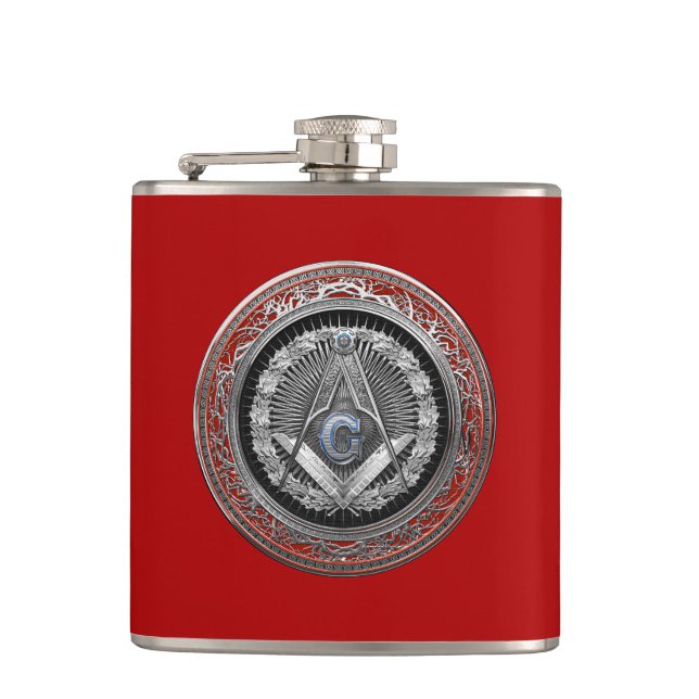 [500] Master Mason - Silver Square & Compasses Hip Flask (Front)