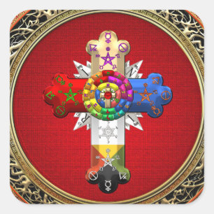 [500] Rosy Cross (Rose Croix) on Red & Gold Square Sticker