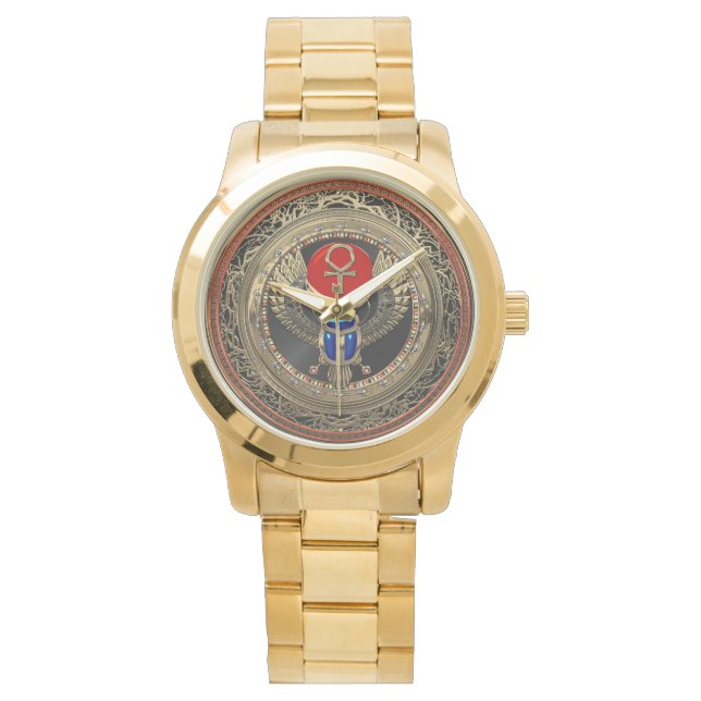 [500] Sacred Gold Egyptian Winged Scarab with Ankh Watch (Front)