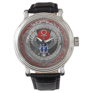 [500] Sacred Silver Egyptian Winged Scarab & Ankh Watch