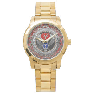 [500] Sacred Silver Egyptian Winged Scarab & Ankh Watch