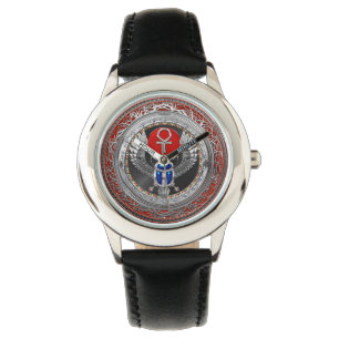 [500] Sacred Silver Egyptian Winged Scarab & Ankh Watch