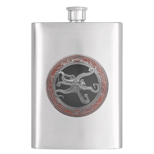 [500] Sacred Silver Octopus in Defensive Posture Hip Flask (Front)