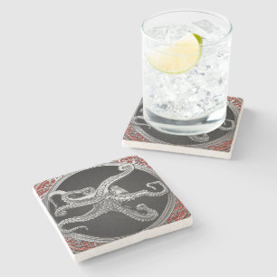 [500] Sacred Silver Octopus in Defensive Posture Stone Coaster