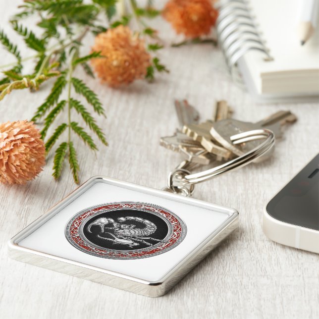 [500] Sacred Silver Scorpion on Black Key Ring (Side)