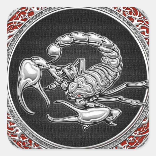 [500] Sacred Silver Scorpion on Black Square Sticker (Front)