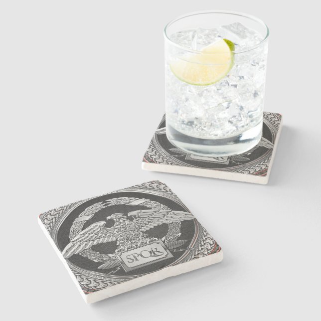 [500] Silver Roman Imperial Eagle over Medallion Stone Coaster (Side)