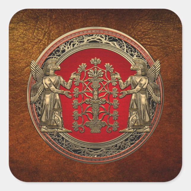 [500] Two Gold Ninurtas with Tree of Life Square Sticker (Front)