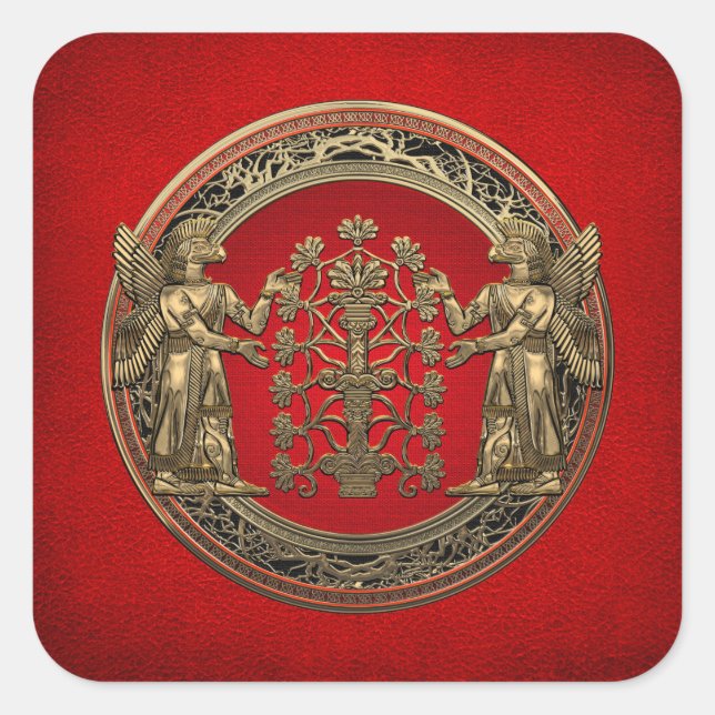 [500] Two Gold Ninurtas with Tree of Life Square Sticker (Front)