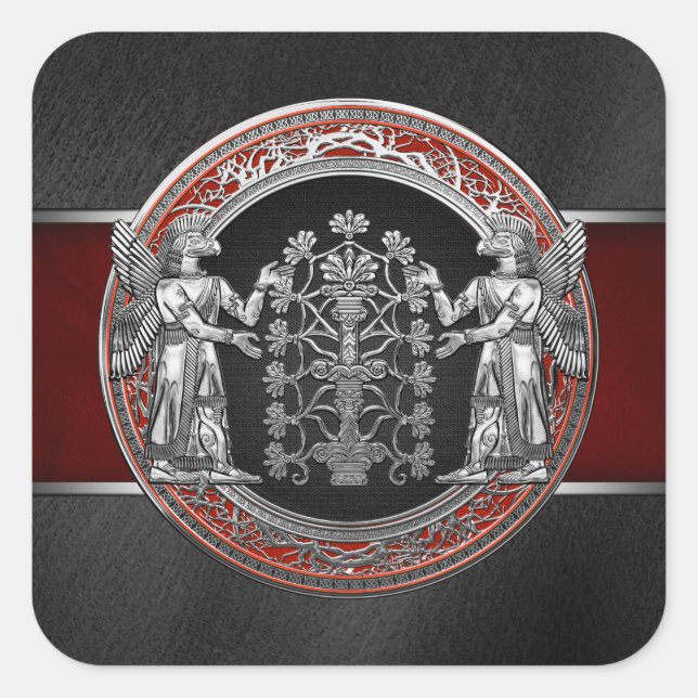 [500] Two Silver Ninurtas with Tree of Life Square Sticker (Front)