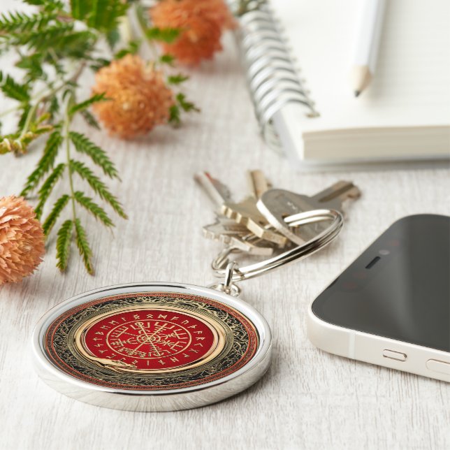 [500] Vegvisir - Viking Gold Magic Runic Compass Key Ring (Side)