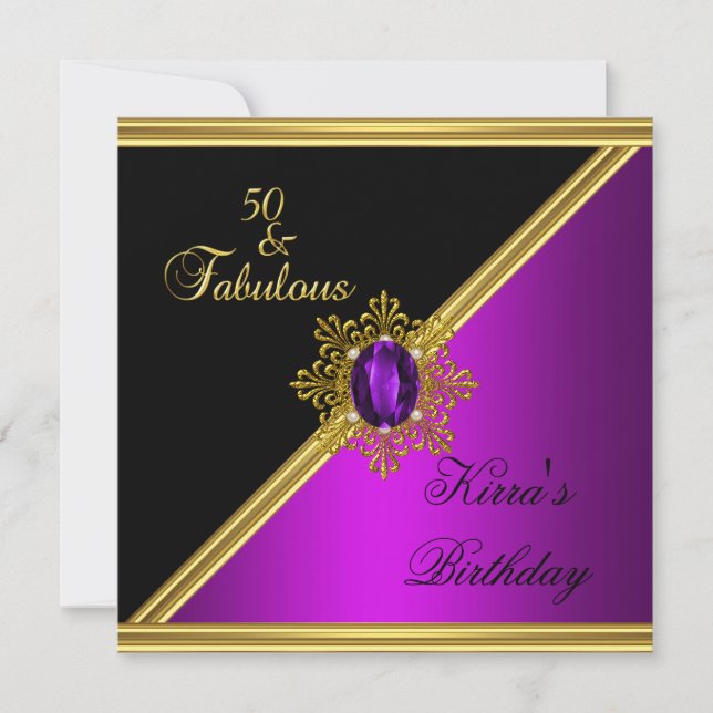 50 50th Elegant Birthday Magenta Gem Black Gold Invitation (Front)