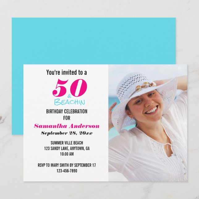 50 and Beachin Birthday Party Photo Invitation (Front/Back)