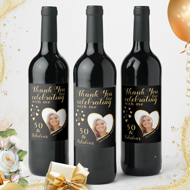 50 and Fab Birthday Photo Thank You Black and Gold Wine Label (Creator Uploaded)