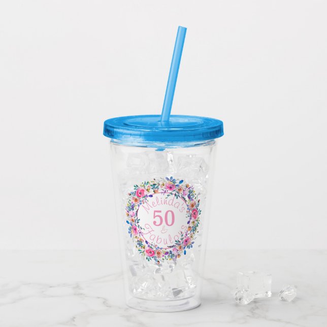 50 and Fab Garden Party Birthday Accessories Acrylic Tumbler (Back Ice)