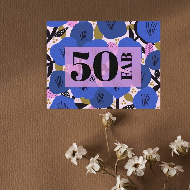 50 and Fabulous 50th Birthday Blue Gold Floral Postcard (Creator Uploaded)
