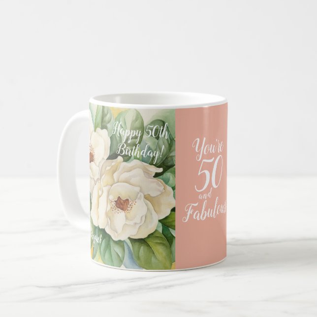 50 And Fabulous 50th Birthday Blush Pink Floral Coffee Mug (Front Left)