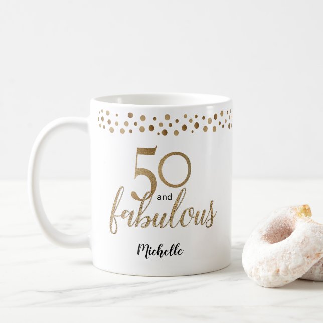 50 and Fabulous 50th birthday confetti gold Coffee Mug (With Donut)