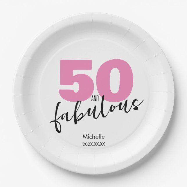 50 and fabulous 50th Birthday gift Fifty pink Paper Plate (Front)