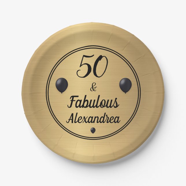 50 and Fabulous 50th Birthday Gold Black  Paper Plate (Front)