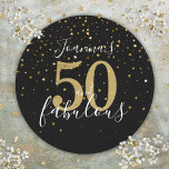 50 and Fabulous 50th Birthday Gold Black Script Classic Round Sticker<br><div class="desc">50 and fabulous script gold stars confetti birthday celebration stickers,  personalise with your name in a beautiful modern text. Designed by Thisisnotme©</div>