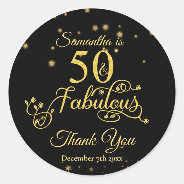 50 and Fabulous 50th Birthday Gold Glitter Black Classic Round Sticker (Front)