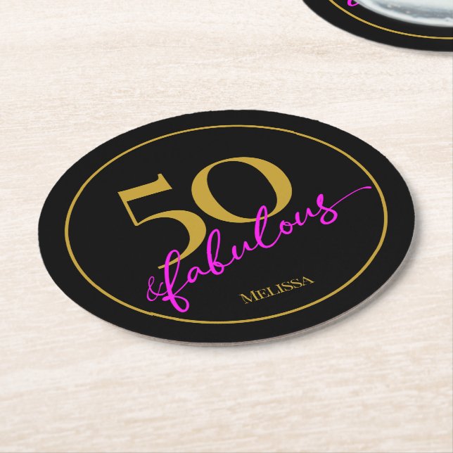 50 and Fabulous 50th Birthday Party Black and Gold Round Paper Coaster (Angled)