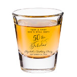 50 and Fabulous 50th Birthday Party Favour Shot Glass<br><div class="desc">50 & Fabulous - Toast to a Life Well Celebrated! Fun and chic 50th birthday party shot glass. "50 & Fabulous" is written in a stylish script and you can personalise the "Take a Shot She's Still Hot" text,  her name and the party date.</div>