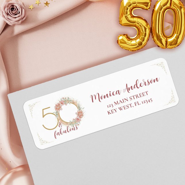 50 and Fabulous 50th Birthday Party Glitter Floral (50 and Fabulous Pink Floral Gold Photo Birthday Label)