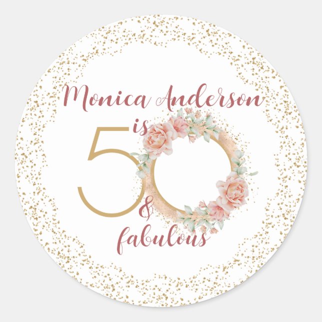 50 and Fabulous 50th Birthday Party Glitter Name Classic Round Sticker (Front)
