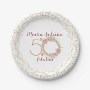 50 and Fabulous 50th Birthday Party Glitter Name Paper Plate