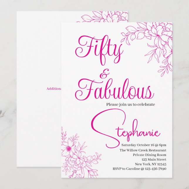 50 and Fabulous | 50th Birthday Party Pink Invitation (Front/Back)