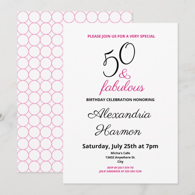 50 and Fabulous 50th Birthday Party Pink Invitation (Front/Back)