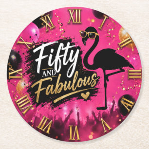 50 and fabulous, 50th birthday pink flamingo round paper coaster