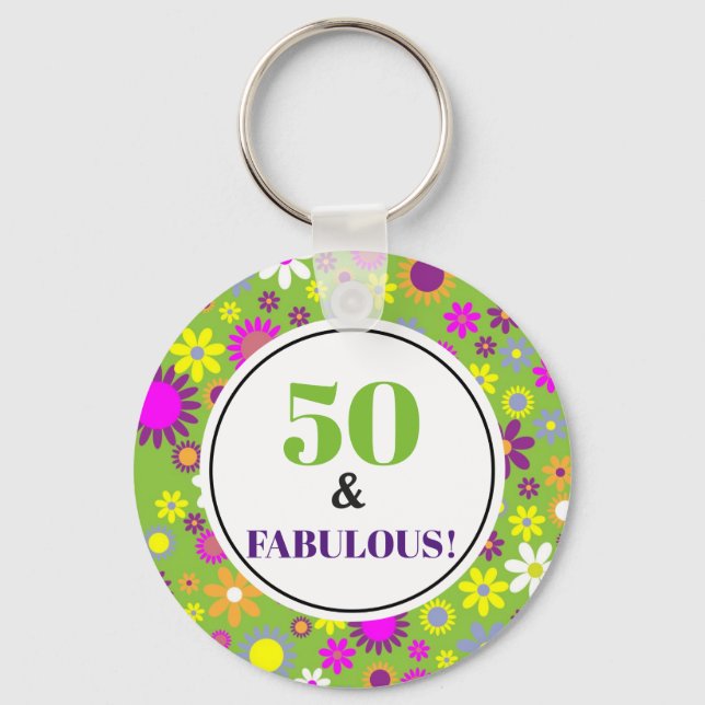 50 and Fabulous 50th Birthday Purple Green Floral Key Ring (Front)