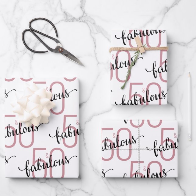 50 and Fabulous 50th birthday Rose Gold Wrapping Paper Sheet (Front)